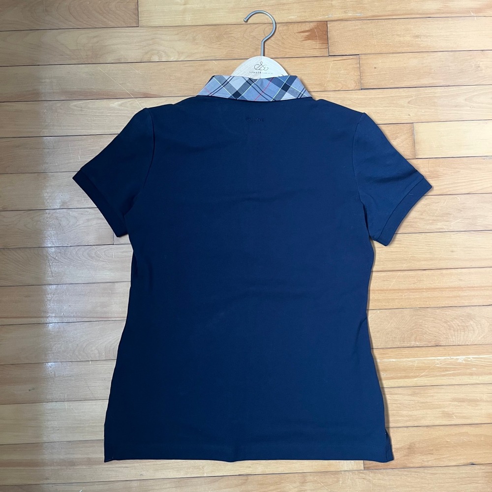 Barbour Womens Navy Blue Dress Tartan Trim Pique Polo Shirt Short Sleeve - Picture 6 of 7